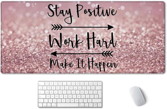 SSOIU Desk Mat, Extended Gaming Mouse Pad 35.5x15.7 in Stay Positive Work Hard and Make It Happen Inspirational Quotes Mouse pad Art Rose Gold and Silver Glitter Black Quote Large Non-Slip Mousepad