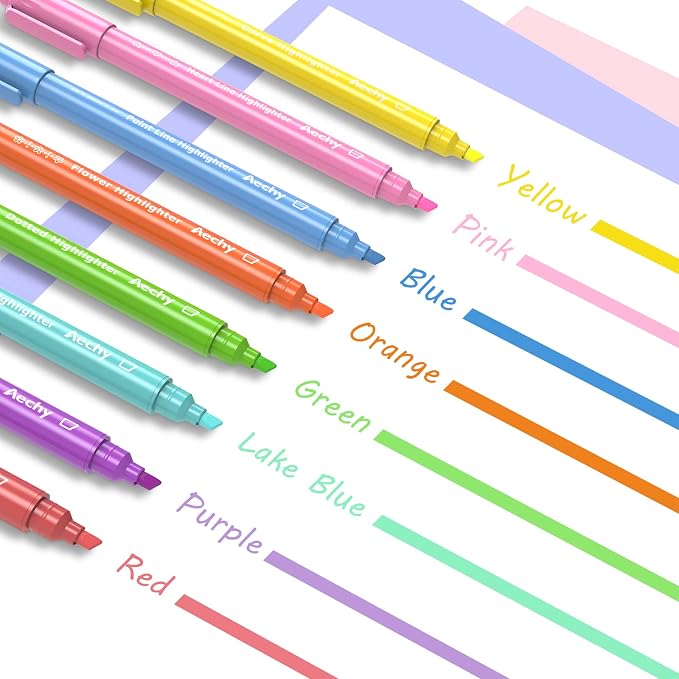 AECHY Curve Highlighter Pens Set, 8PCS Dual Tip Pattern Markers, 6 Designs | Chisel Tip & Pattern Roller for Journaling, Planners, Note Taking, Drawing, Scrapbooking, Classroom Projects &School Supplies
