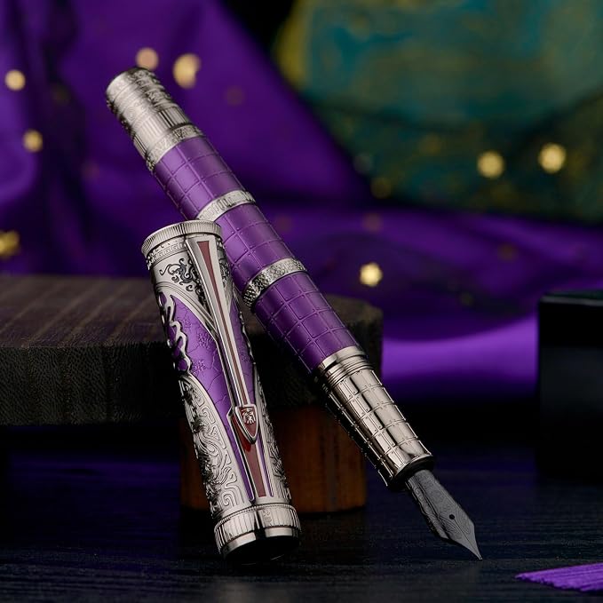 Hongdian D5X Fountain Pen Purple Color Fine Nib, Qin Dynasty Retro Chinese Totem Engraving Smooth Writing Pen with Converter and Pen Box Set