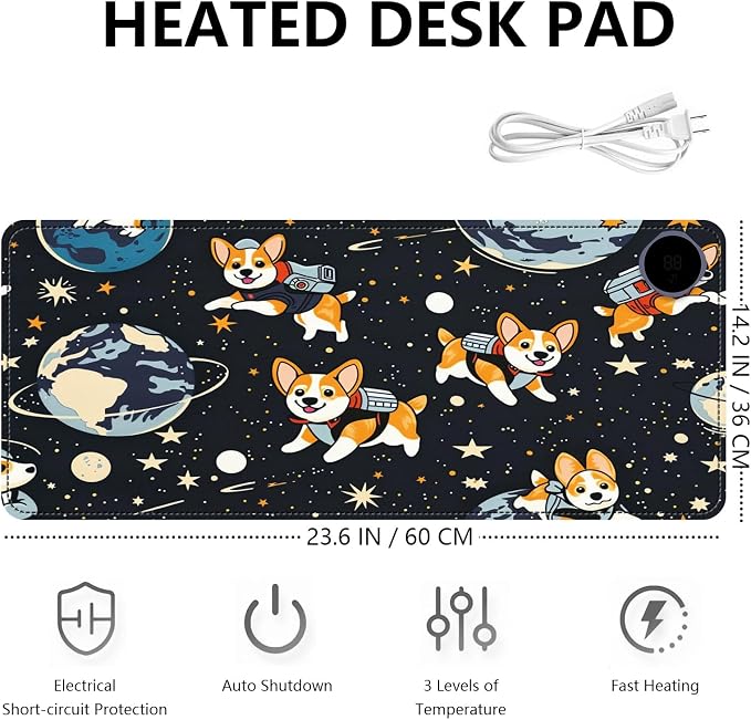 Heated Mouse Pad with 3 Levels Heated & 3 Hours Auto Shut-Off Mouse Pad for Warming Hands in Office Home, 23.6" x 14.2"Large Safe Desk Mat Hand Warmer，Starry Sky Dog