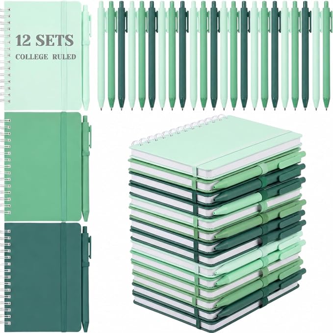 Fulmoon 12 Set Small Spiral Notebooks A6 with Pens Bulk, Multicolor 4" x 6" Pocket Notebooks Mini Lined Journals 50 Sheets for Back to School Supplies Students Gifts Rewards Office (Forest Greens)