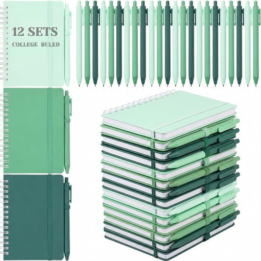 Fulmoon 12 Set Small Spiral Notebooks A6 with Pens Bulk, Multicolor 4" x 6" Pocket Notebooks Mini Lined Journals 50 Sheets for Back to School Supplies Students Gifts Rewards Office (Forest Greens)