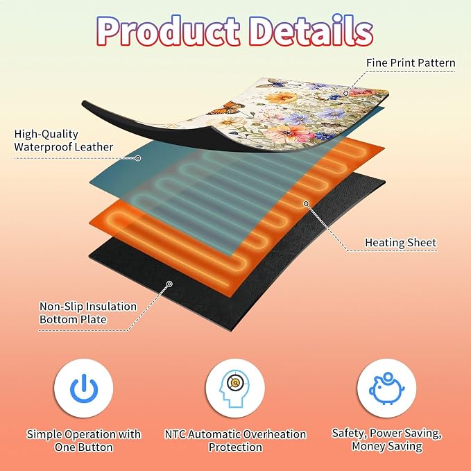 Heated Desk Pad Large Mouse Pad 23.6 x 14.1 inch with 3 Levels Heating & Auto Shut-Off Warm Mouse pad PU Leather Computer Mousepad for Home Office Work - Watercolor Butterflies and Flowers