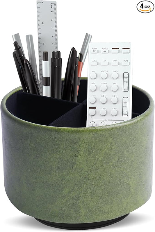 Round Leather Art Supply Organizer,Remote Control Holder,360 Degree Spinning,Multi-Functional Pencil Holder,4 Compartments Desktop Stationary Organizer(1-Oil Bamboo)