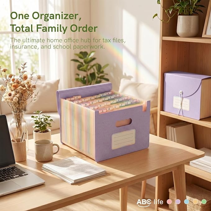 ABC life 26 Pockets Accordion File Organizer, High Capacity Expanding File Folder for Letter A4 Size, Portable Document Holder with A-Z Tabs for Tax Receipt, Teacher & Home Office -Dusty Lavender