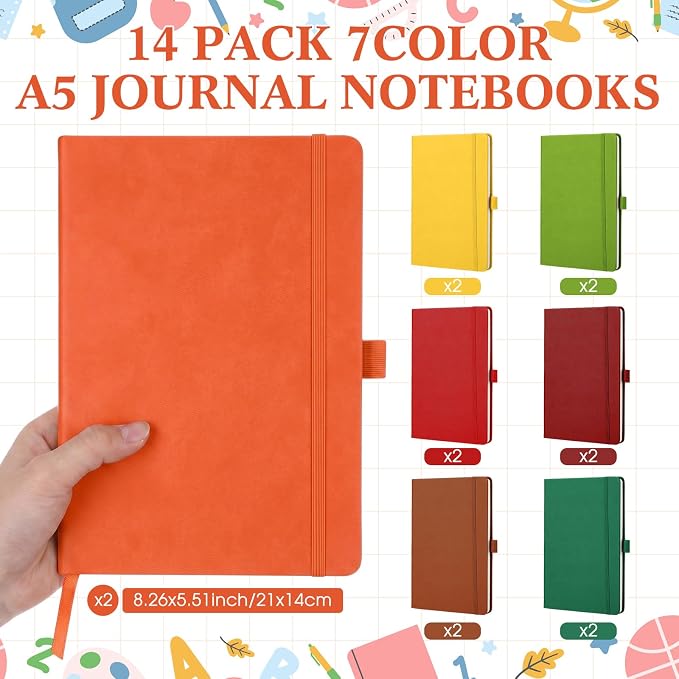 Laumoi 14 Pack Hardcover Journal Notebooks Bulk A5/A4/B5 Journaling Notebook Wide Ruled PU Leather Ruled Lined Journals with Pen Holder for School Business Work Writing (Vibrant Color,A5)