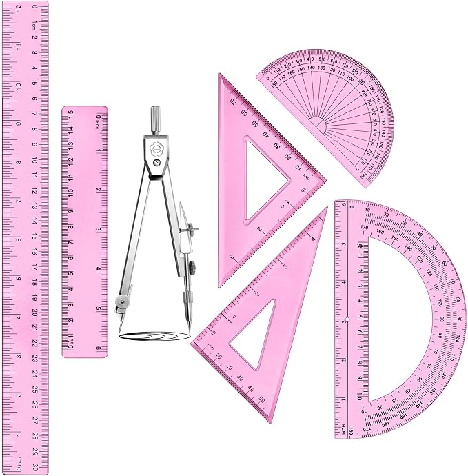 Zonon 7‑Piece Geometry Set with Drawing Compass, 6 & 4 Inch Protractors, Triangle Rulers and Straight Rulers, Transparent Math Drafting Supplies for Back to School, Students and Office Use(Pink)