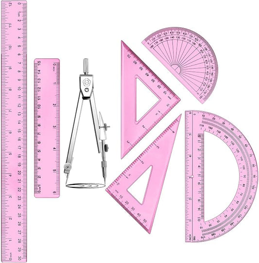 Zonon 7‑Piece Geometry Set with Drawing Compass, 6 & 4 Inch Protractors, Triangle Rulers and Straight Rulers, Transparent Math Drafting Supplies for Back to School, Students and Office Use(Pink)