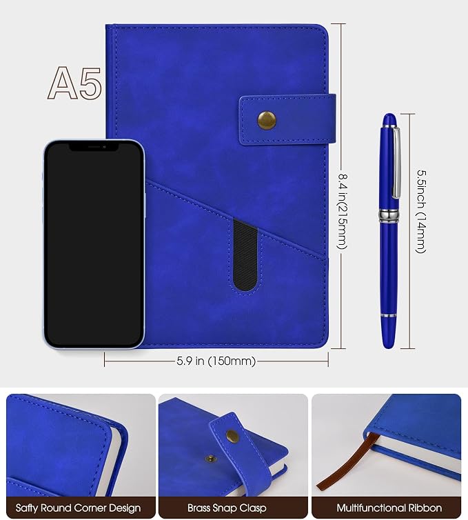 Lined Journal Notebook with Pen, A5 Personalized Hardcover Leather Journal for Men Women, 200 Pages 100 GSM Thick Paper College Ruled Notebooks for Work Travel School Writing Diary 5.9" X 8.4" Navy