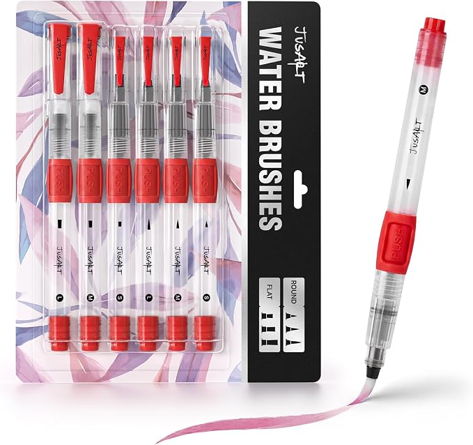 JusArt Water Brush Pens 6-Pack Leak-Proof Refillable Watercolor Pens for Acrylic and Gouache Painting - Includes Pointed & Flat Tip Styles - Portable Water Brushes for Artists, Beginners, Adults