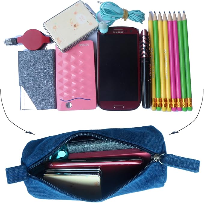 Heavy Canvas Stationery Portable Simple Pencil Bag and Practical Durable Compact Zipper Pencil Case 1 Pack Blue