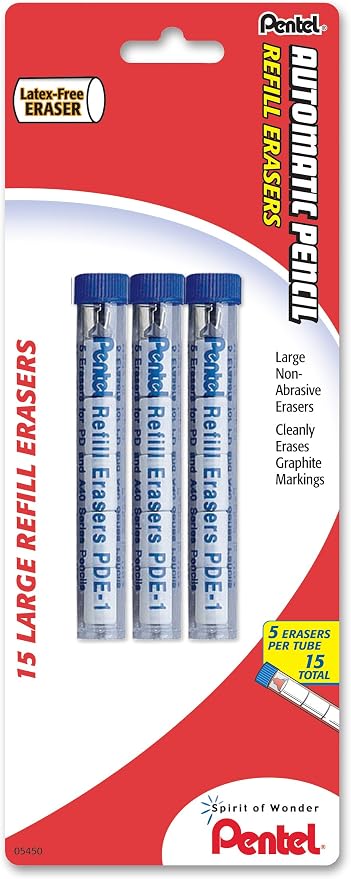 Pentel Refill Eraser for AL, Ax and PD Series Pencils 5 Pcs/Tube,Thermoplastic Elastomer, 3-PK