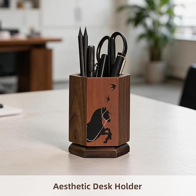 Solid Wood Pen Holder for Desk, Rotating Pencil & Pen Holder | Black Walunt Wood & Cherry Wood Pen Cup, Hexagonal, Walnut Desk Accessories, Desk Organizer for Office,Gift for Horse Lover