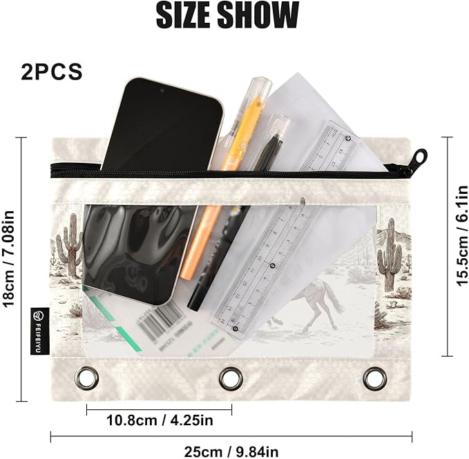 Gredecor Binder Pencil Pouch 3 Ring Wild West Desert Cowboys Zipper Pencil Pouches Case 2 Pack Clear Binder Organizer for School Office
