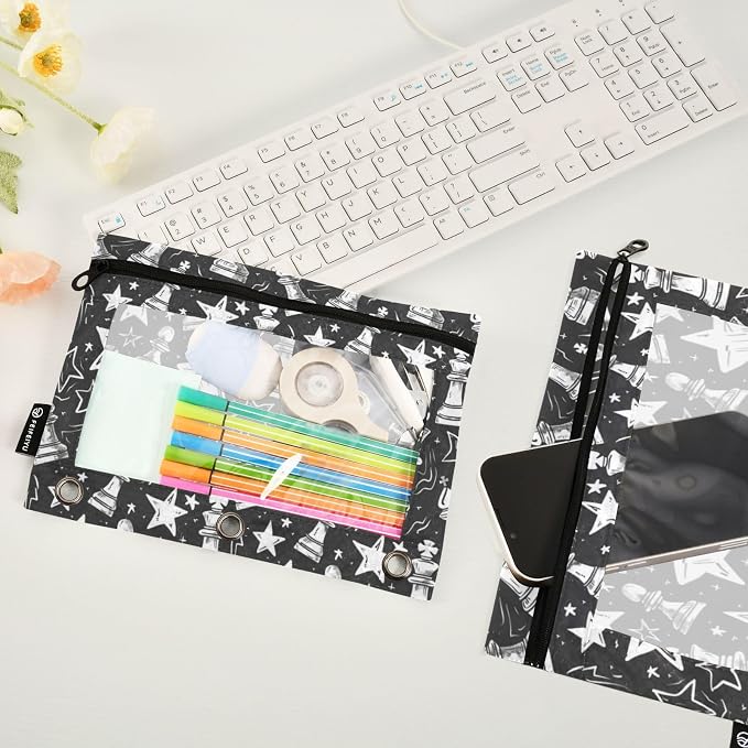 Binder Pencil Pouches Chess Pieces and Stars Pen Case | Clear Window 3 Rings, Cosmetic Bags School Office Supplies Cosmetic Makeup Bag 2 Psc
