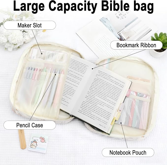 Bible Cover Case Study Supplies for Women Gifts Large Bible Cover with Highlighters Pens Tabs Cute Quilted Carrying Case Christian Journal Kit Accessories Christian Gifts Sticky Notes A