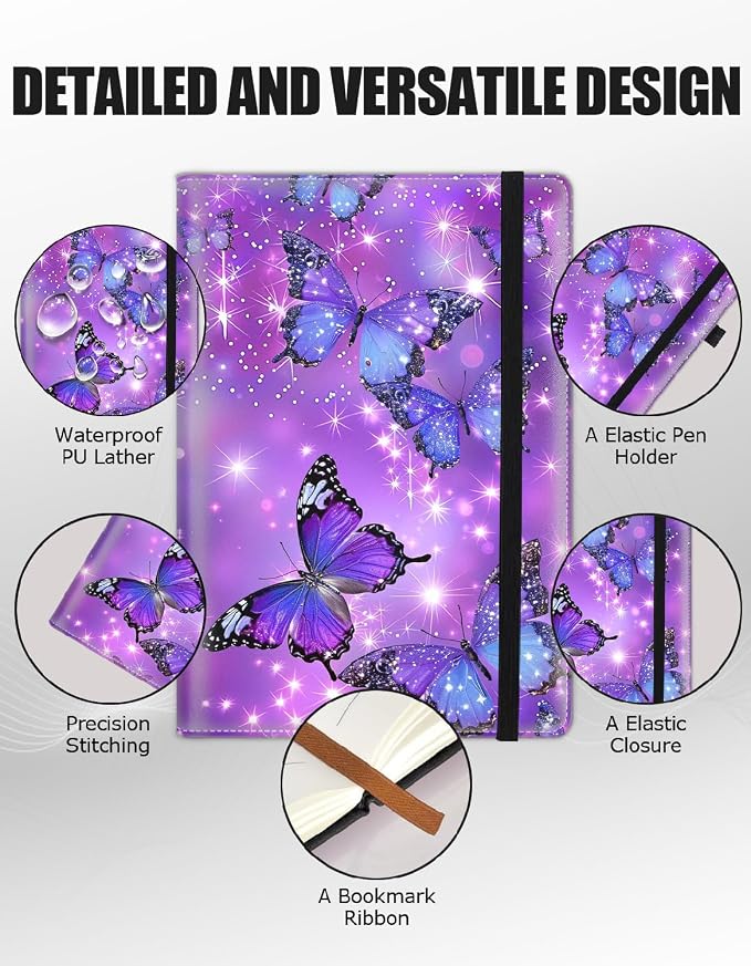 Hardcover Executive Notebooks, A5 PU Leather Lined Journal Notebook, 200 Pages Thick Paper Subject Notebooks for School,Work,Home Writing Business Notebook，Blue Butterfly Purple Background