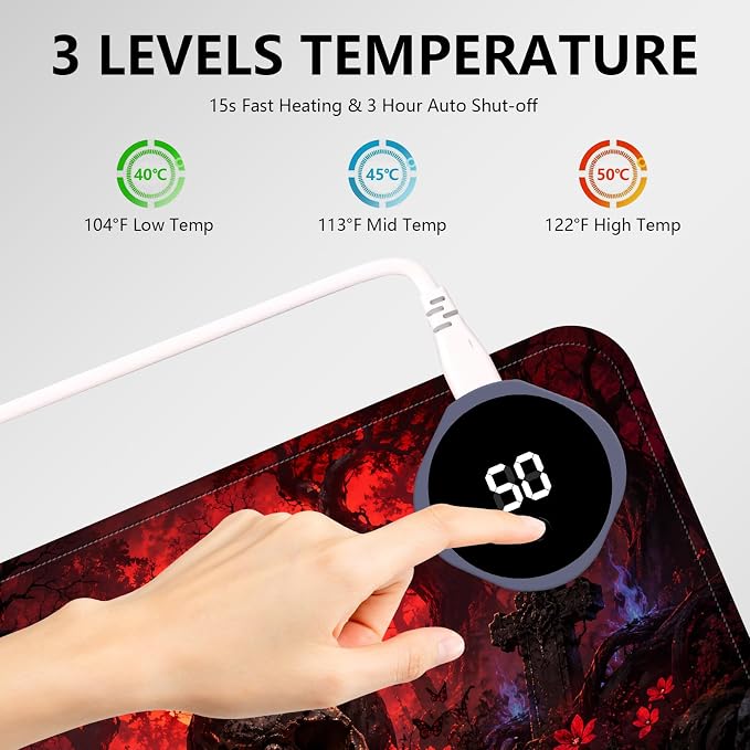 Large Heated Mouse Pad–23.6" x 14.2" Desk Mat for Office | 3 Adjustable Heat Levels,Auto Shut-Off After 3 Hours for Safety,Keeps Hands Warm While Working，Skeleton Tomb