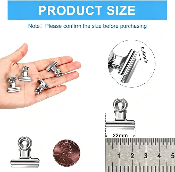 60 Pcs Metal Bulldog Clips, Silver Bull Binder Clips Mini, Tiny Metal Binder Paper Clips for Tags Bags, Pictures Photos, Wire Grid Wall Decor, Office and Home Kitchen (Silver 22mm)