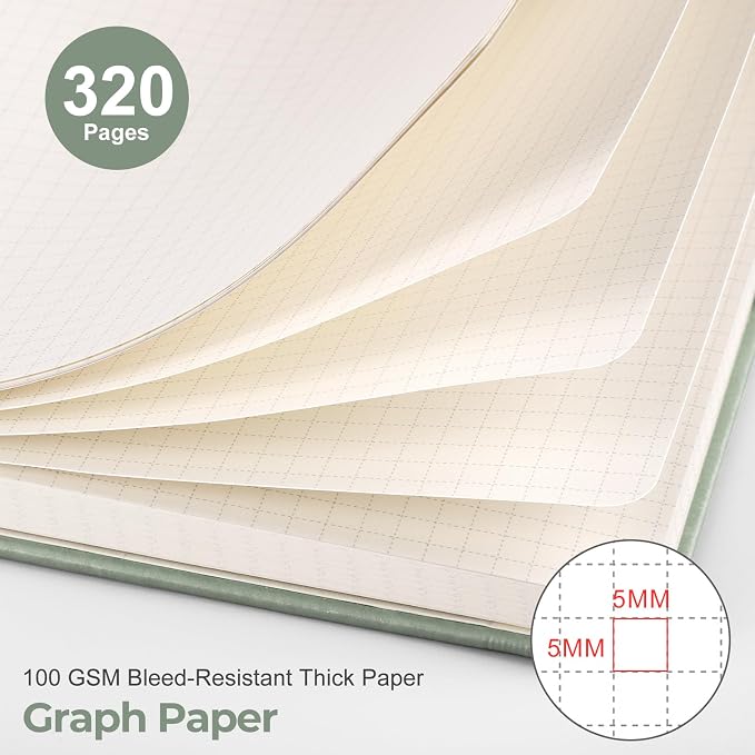 EMSHOI Graph Grid Journal Notebook, 320 Pages, A5 Size (5.7'' x 8.3'') | Leather Hardcover, 100 GSM Thick Paper, for School, Note Taking, Math, Engineering, Sun Debossed (Green)