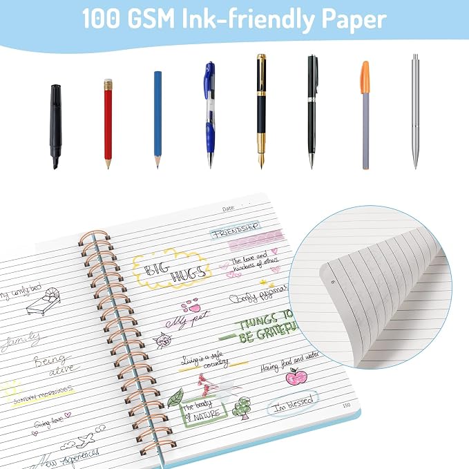 Forvencer Lined Spiral Journal Notebook with 300 Numbered Pages, B5 College Ruled Thick Journals for Writing with 100GSM Paper, Hardcover Notebooks with Contents for Work, School, Women, Men, Sky Blue