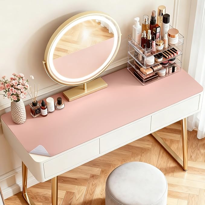 LovePads Makeup Mat for Vanity, 16 x 32 Dual-Sided Desk Pad & Vanity Cover Top, Waterproof PVC Protector Mat for Dresser, Nail Art, Craft Tables (Pink+Silver)