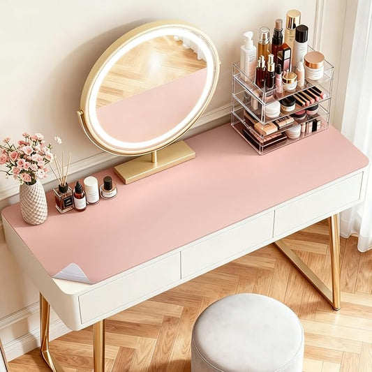 LovePads Makeup Mat for Vanity, 16 x 32 Dual-Sided Desk Pad & Vanity Cover Top, Waterproof PVC Protector Mat for Dresser, Nail Art, Craft Tables (Pink+Silver)