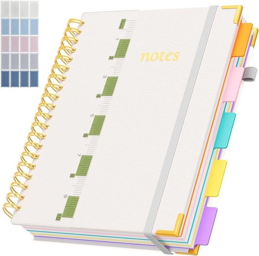 XYark A4 Hardcover Spiral Notebook, 8.5"x11" College Ruled Notebooks with Removable Dividers Tabs & Ruler, 5 Subject Notebook 300 Pages, Large Lined Journal for Women Men School Work Office, White