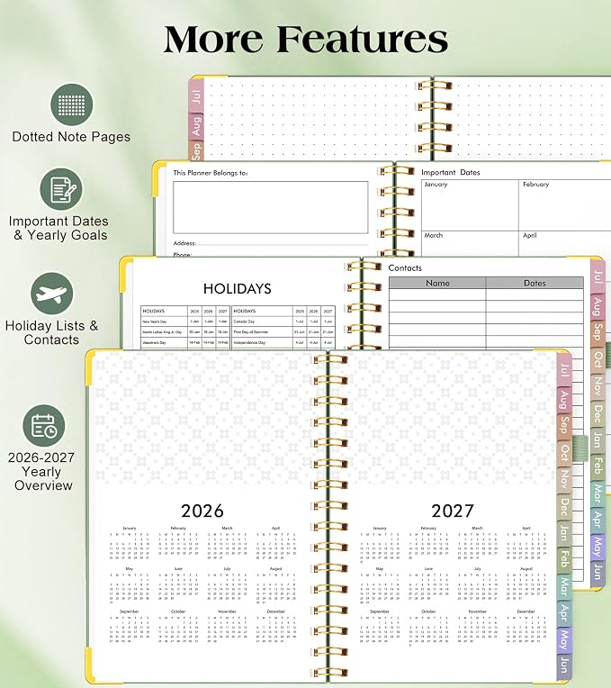 Academic Planner 2026-2027, Hardcover Weekly and Monthly Calendar Planner from July 2026 - June 2027, Daily Agenda Planners with Tabs, College School Organizer for Student Teacher, A5 (6.1" x 8.2"), Green