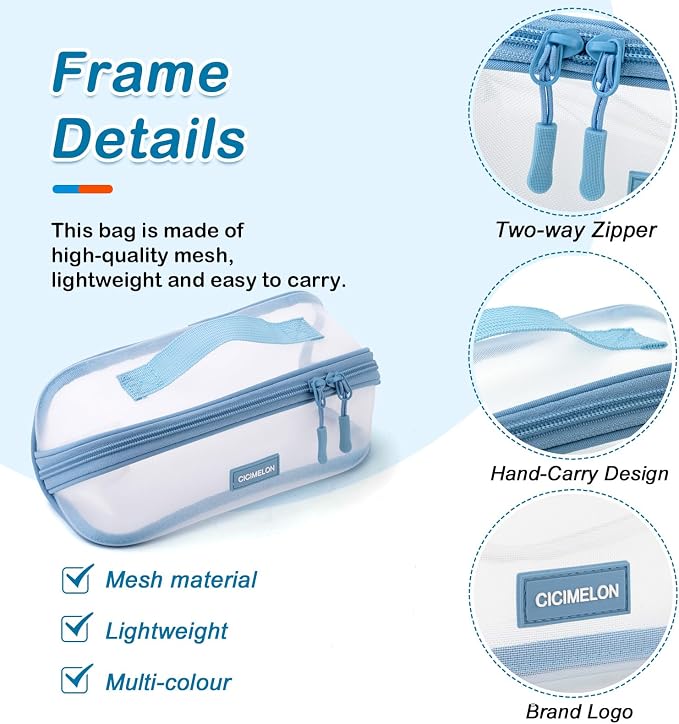 CICIMELON Transparent Mesh Pencil Pouch with Handle Big Case Clear Pen Bag College Essentials School Supplies, Light Blue