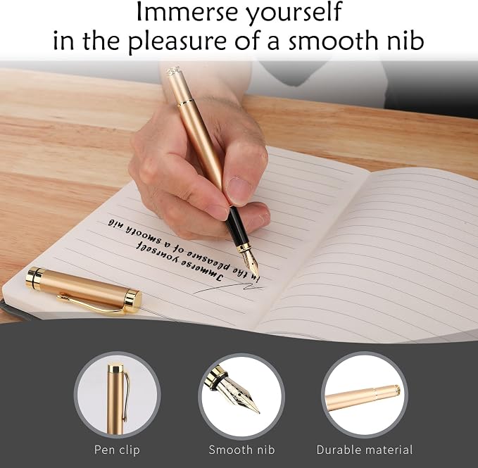 Tiankool Luxury Fountain Pen,Fine Nib, Exquisite Pen Gift Set for Men&Women-Includes 10 Ink Cartridges&Ink Converter- Nice Pens - Gold