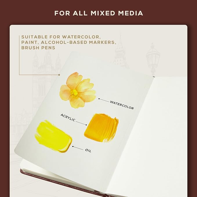 Beechmore Books 300 GSM Heavyweight Mixed Media Sketchbook A5 5.8"x8.3" - 96 Pages, Vegan Leather Hardcover Professional Art Journal for Paintings, Gouache and Ink