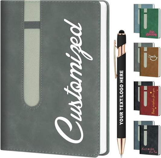 ENOMY Personalized A5 Notebook Set 240 Lined Pages Custom Notebook with 10 PC Pens PU Leather Journal Cover to Business Gift College Birthday Corporate Men & Women, Grey
