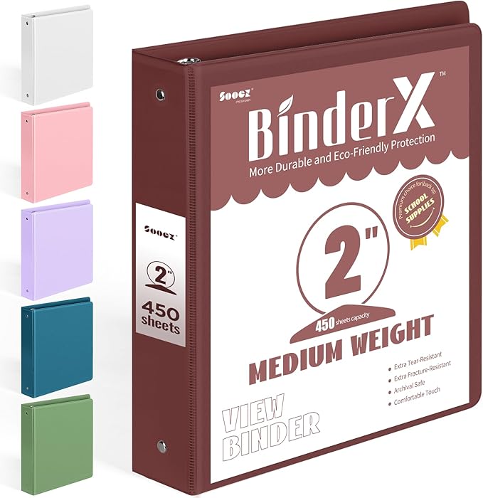 BinderX Extra Durable 3 Ring Binder, Round Ring 2 Inch Binders, Fits 450 Sheets of 8.5x11 Paper, Customizable View Cover with Inside Pockets, Cute 2" Binder, School Supplies for Girls, Burgundy Red
