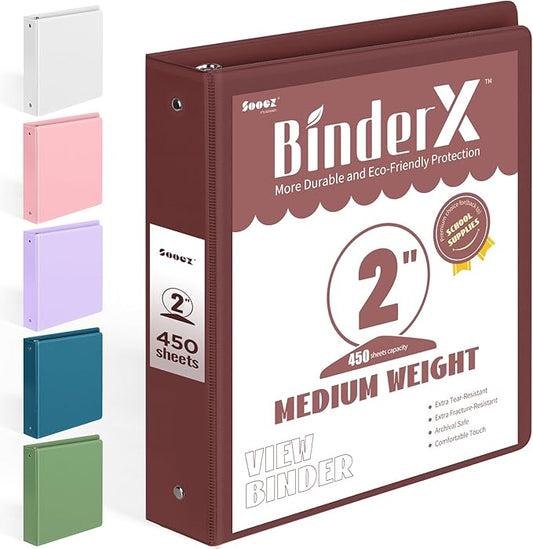 BinderX Extra Durable 3 Ring Binder, Round Ring 2 Inch Binders, Fits 450 Sheets of 8.5x11 Paper, Customizable View Cover with Inside Pockets, Cute 2" Binder, School Supplies for Girls, Burgundy Red