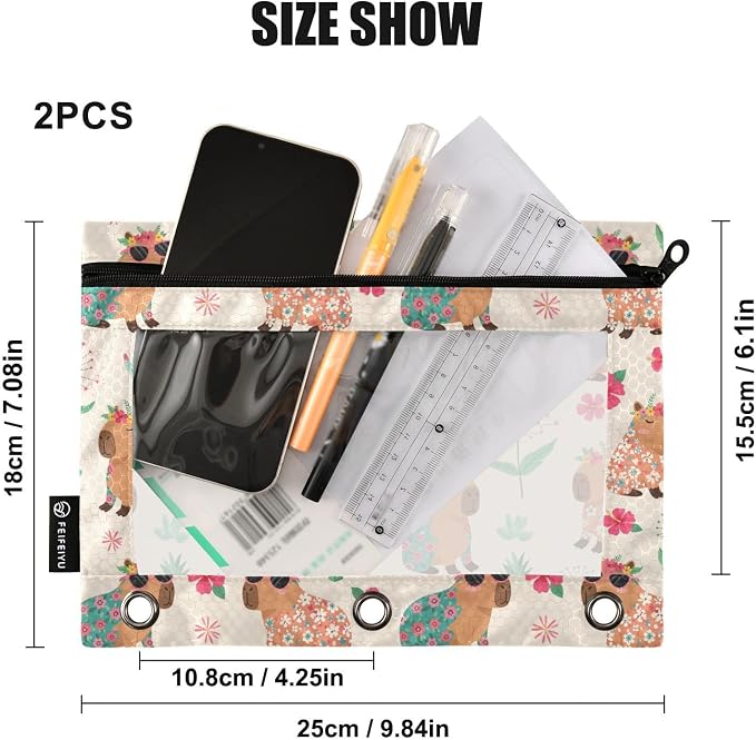 Emelivor Capybara Beach Beige Pencil Pouch for 3 Ring Binder 2 Pcs Pockets Pencil Pouches Bag with Clear Pencil Case Cosmetic Bag for Storing College Office Supplies