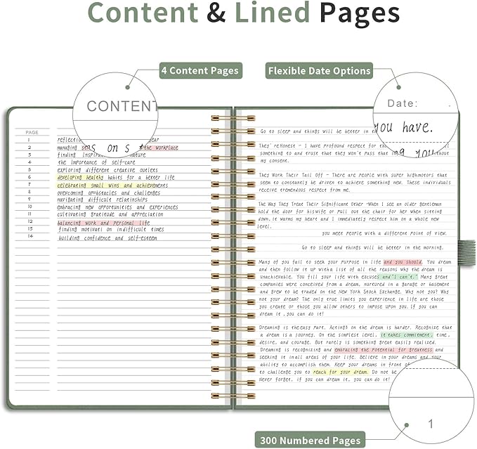 EMSHOI Lined Spiral Journal Notebook, 300 Numbered Pages, A4 (8.2"x11.2") | College Ruled, Leather Hardcover, 100 GSM Thick Paper, for School, Writing, Work, Office & Journaling (Light Green)