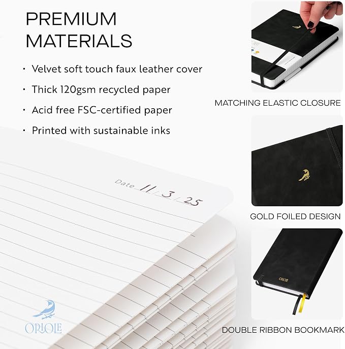 Oriole Vegan Leather Ruled Notebook - Black | 176 Pages of Thick Lined Paper | Soft Touch Hardcover Journal (5 x 8 in) with Gold Foil Bird Design & Luxury Gift Box