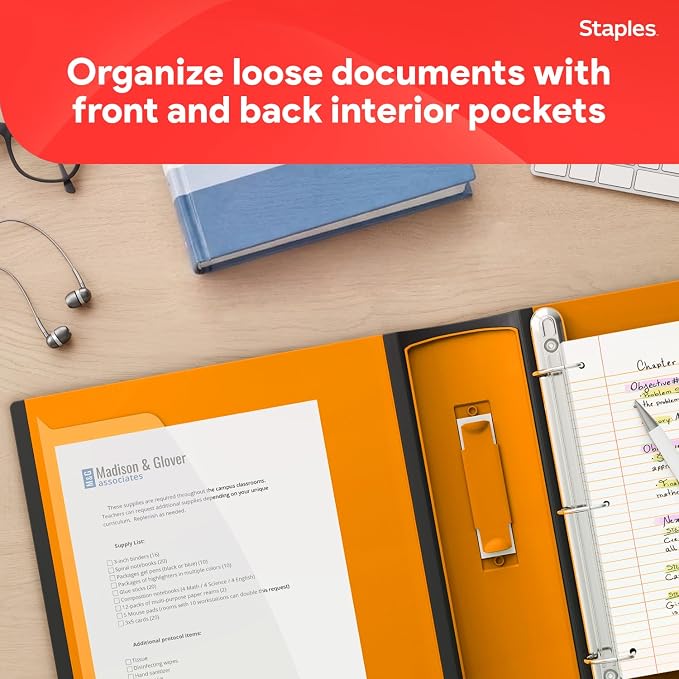 Staples 3" D‑Ring Heavy‑Duty View Binder, Orange, Durable 3‑Ring Binder with Reinforced Construction, Holds Up to 600 Sheets for School & Office
