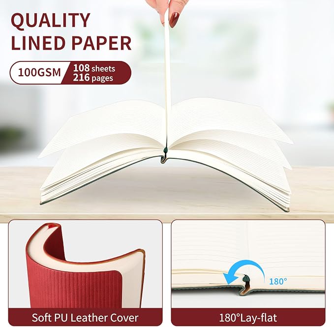 A5 Lined Notebook with Pen & Gift Box 216 Pages PU Leather Journals for Women Men 100GSM Thick Paper College Ruled Notebook for Christmas Gifts,School,Travel,Business,Work,Home Writing (Red)