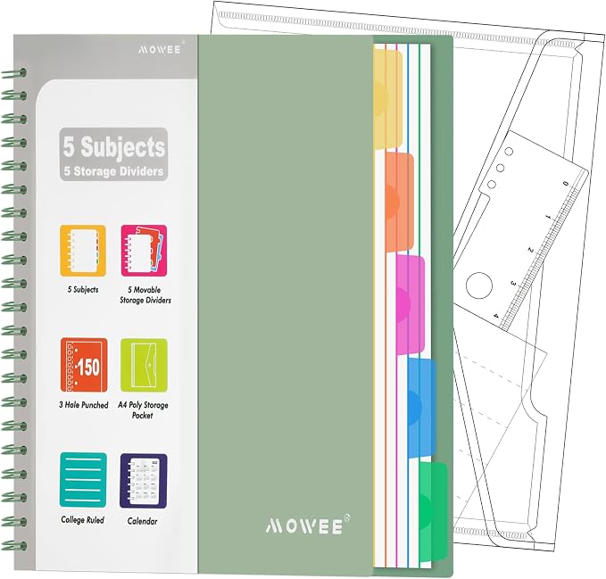 5-Subject Spiral Notebook, College Ruled, with Pocket & Tab Dividers | 300 Pages, 11" Ruler, 8.5"x11" Forest Green, Pocket Dividers with Labels, for Writing Journal, Home, Office & School Supplies