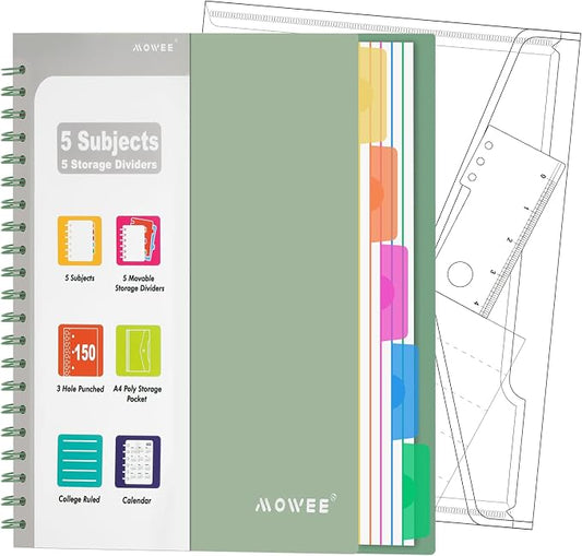 5-Subject Spiral Notebook, College Ruled, with Pocket & Tab Dividers | 300 Pages, 11" Ruler, 8.5"x11" Forest Green, Pocket Dividers with Labels, for Writing Journal, Home, Office & School Supplies