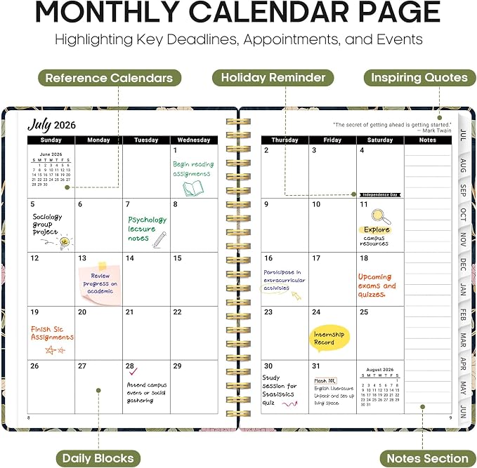 Planner 2026-2027, Academic Year Monthly and Weekly Calendar Planner, Jul 2026 - Jun 2027, Hardcover Teacher Student Planning Agenda book with Tabs, Perfect for School Office Supplies, 6.3" x 8.5" - Blush Vines