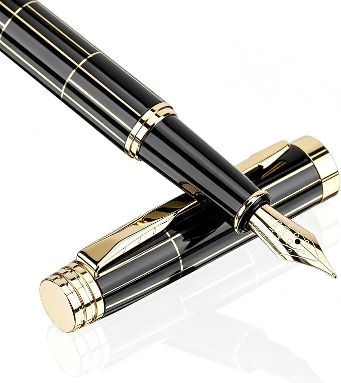 Tiankool Luxury Fountain Pen,Fine Nib, Exquisite Pen Gift Set for Men&Women-Includes 10 Ink Cartridges&Ink Converter- Nice Pens - Black - Gold Plaid