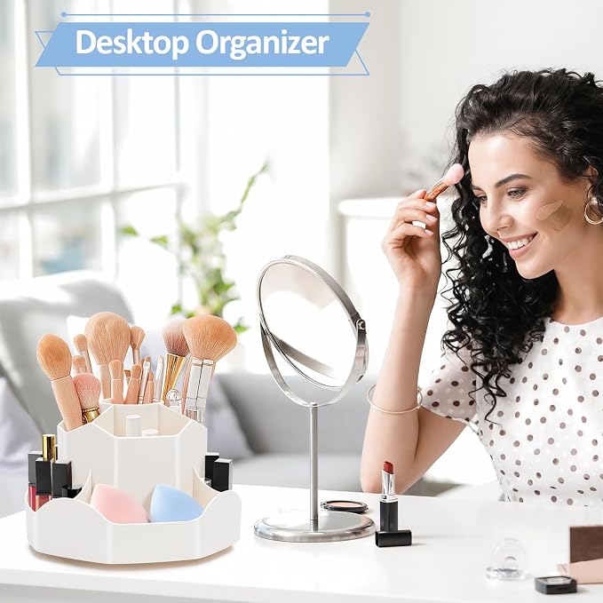 Zevemomo Pen Holder for Desk, 360 Degree Rotating Pencil Desk Organizer, Pen Organizer with 9 Slots, Large Capacity Pen Holder, Desktop Storage Stationery Supplies Organizer, Beige
