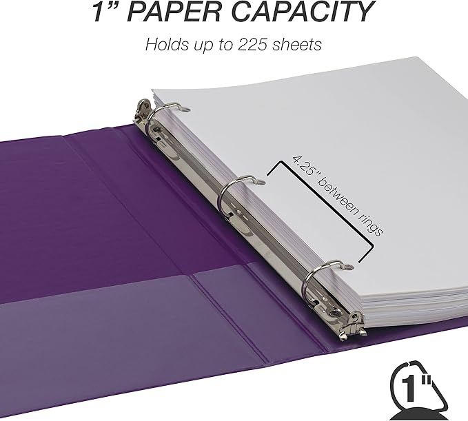 Samsill Durable 1 inch 3 Ring Binder, D Ring Binder, 100% Recycled Chipboard, Purple, 4 Pack