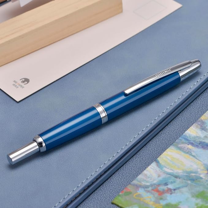 Jinhao 10 Press Fountain Pen with Box, Pearl Blue Retractable Medium Nib with Ink Converter Set (Silver Clip)