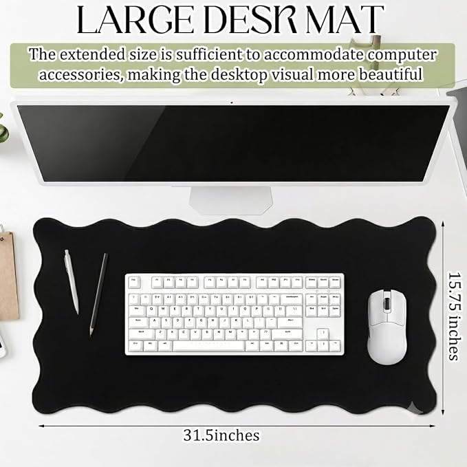 Hahafelt Scalloped Desk Mat Large Desk Pad Cute Coquette Table Mat Back to School Preppy Table Make up Pad Nonslip Graduation Gift with Stitching Waterproof Gaming(Black,23.6 x 13.8 Inches)