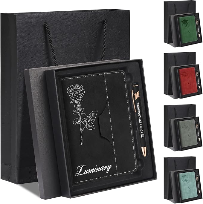 ENOMY Personalized A5 Notebook Writing Set Custom Notebook PU Leather Personalized Journal with Stylus Pen & Gift Box for College Holiday Travel Business Gift, Black