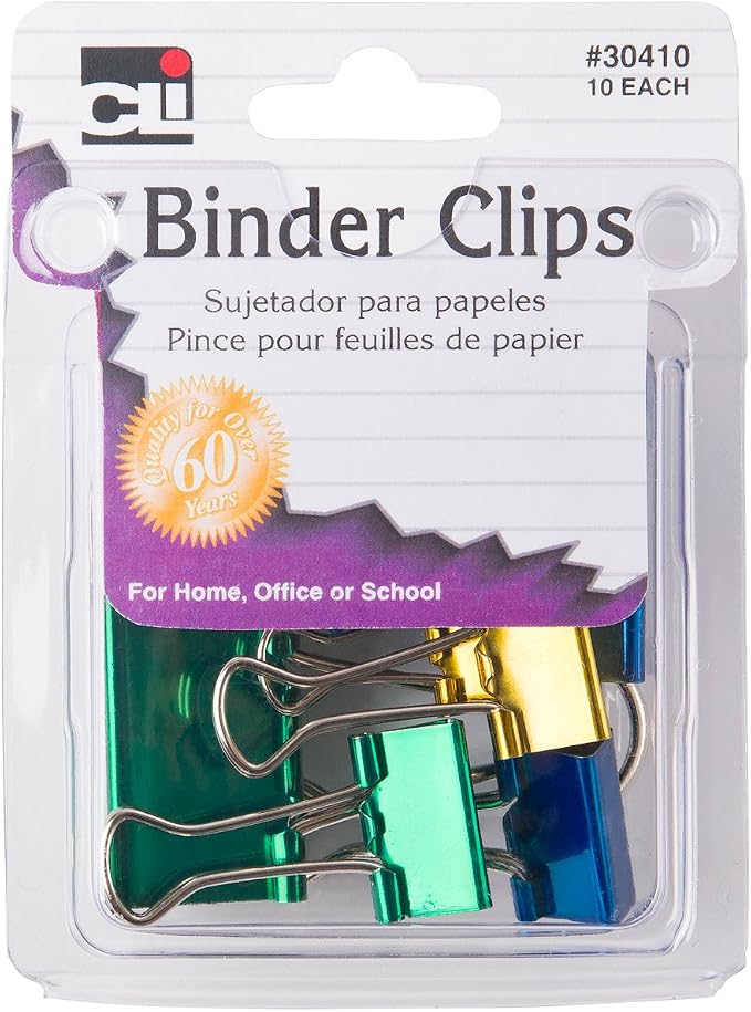Charles Leonard Binder Clips, Assorted Sizes in Metallic Colors, Pack of 10
